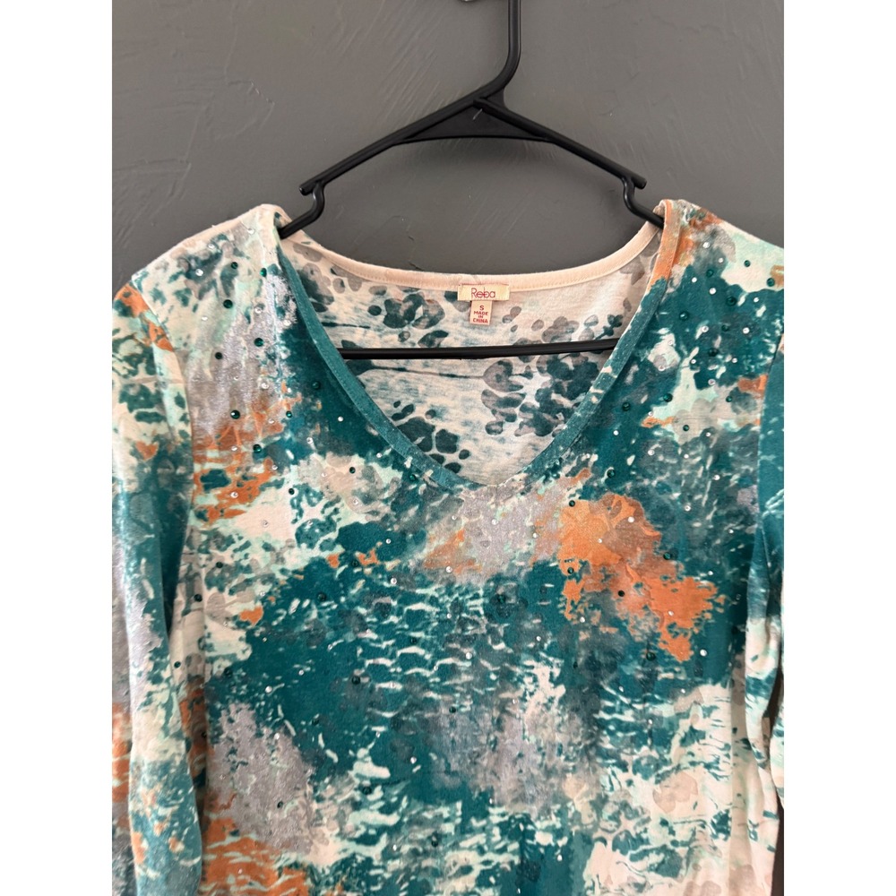 Reba Womens Teal Orange Abstract Watercolor Sequin Western Rhinestone Top Small - Picture 3 of 8